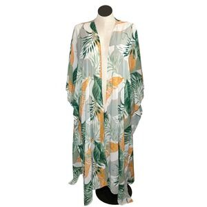 Tropical Palm Leaf Kimono Flowy Swimsuit Cover Up Maxi Green Orange XXL